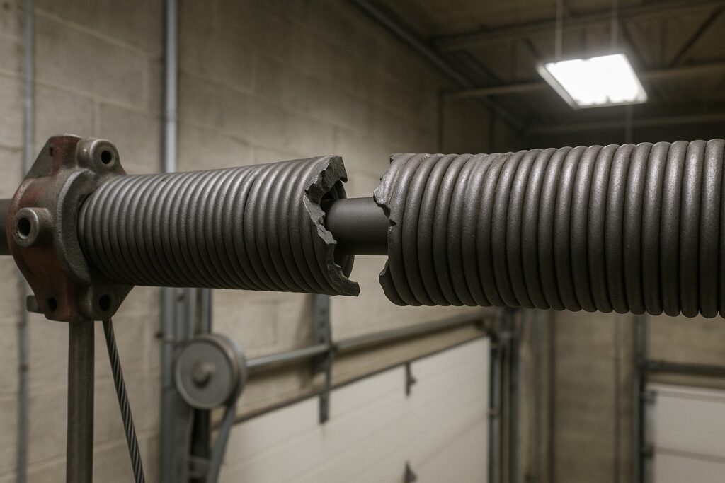 Close-up of broken torsion spring needing urgent commercial garage door repair.