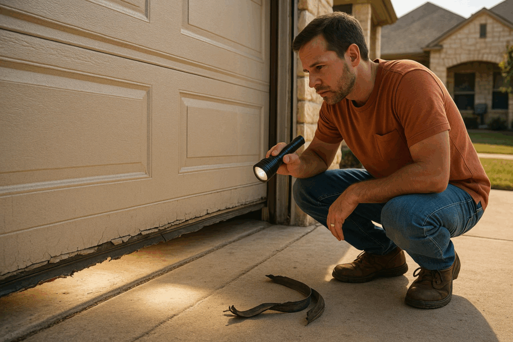 Man inspecting worn bottom seal and light gaps while planning to repair garage door.