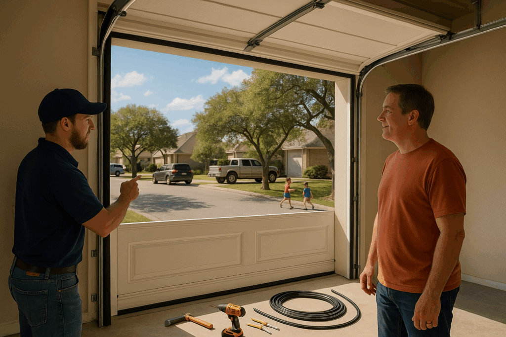 Technician discussing project with homeowner while preparing to repair garage door.