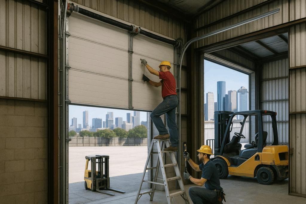 Technicians repairing industrial garage door inside warehouse with forklift and city skyline in background.