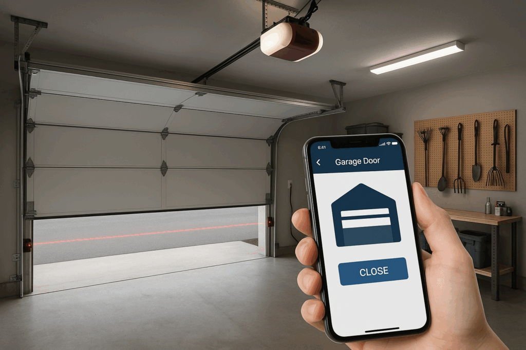 Smart technology controlling modern garage doors with a smartphone app for convenience and security.