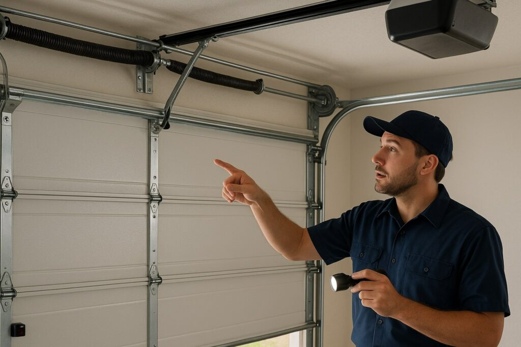 Professional technician inspecting a garage door torsion spring and opener system with a flashlight to identify potential issues or maintenance needs.