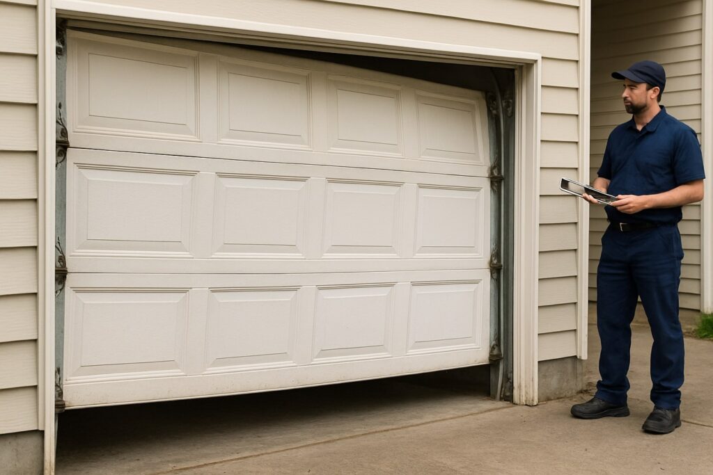 Technician performing garage door maintenance by inspecting and realigning a damaged garage door off its track.