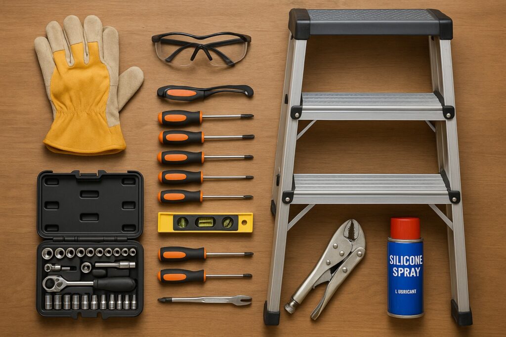 Garage door repair tools including safety gloves, screwdrivers, ladder, and silicone spray laid out on a workbench.