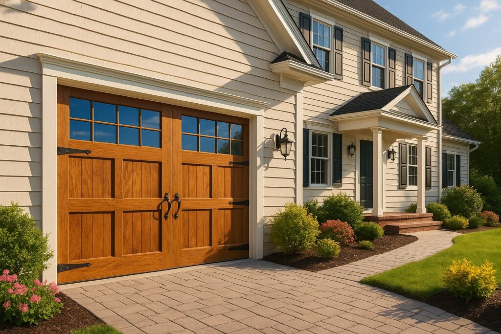 What to Expect from a Garage Door Tune-Up in Barrington, NJ 3 Beautiful residential home with a wooden garage door after a professional garage door tune-up, enhancing curb appeal and performance.