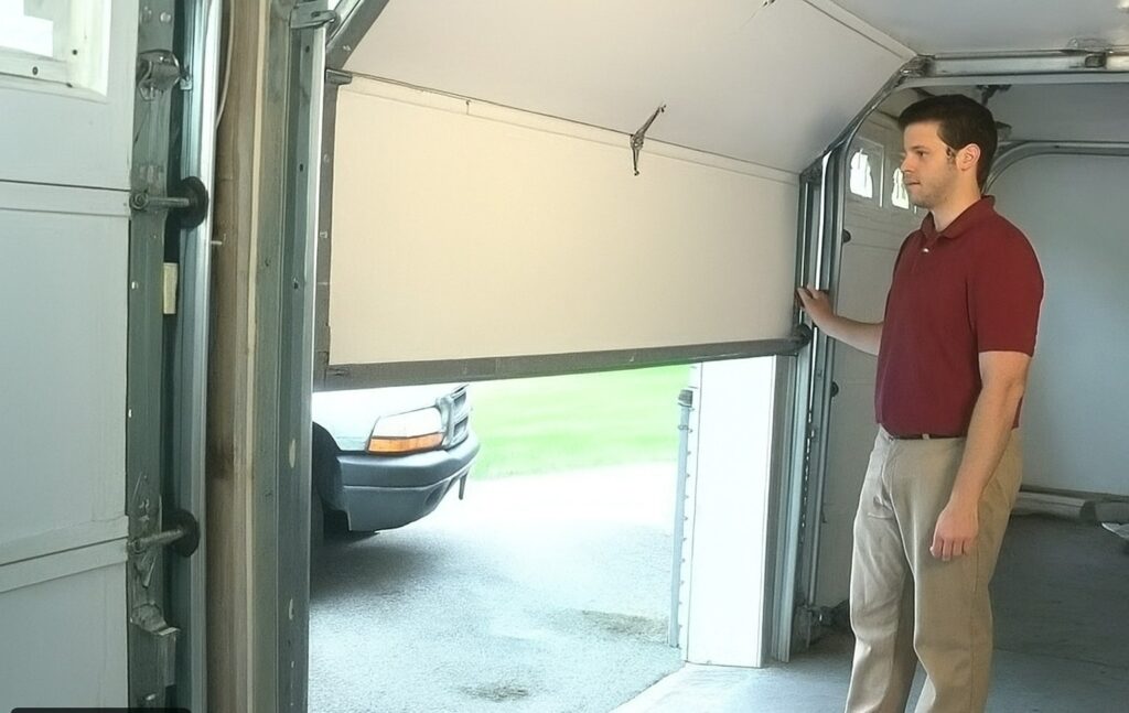 What to Expect from a Garage Door Tune-Up in Barrington, NJ 2 Technician performing a garage door tune-up by inspecting and adjusting the door’s movement inside a residential garage.