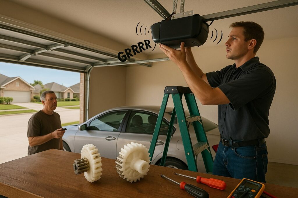 echnician performing garage door opener repair while diagnosing noisy motor in a residential garage.