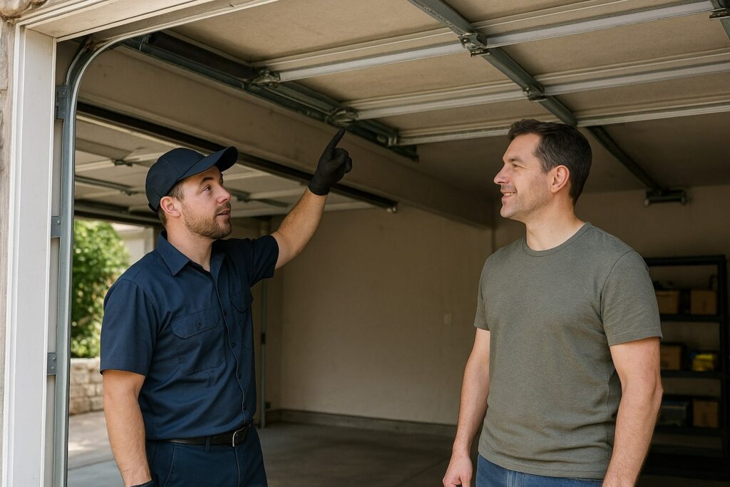 Garage door repair technician reviewing door issues with a homeowner inside the garage.